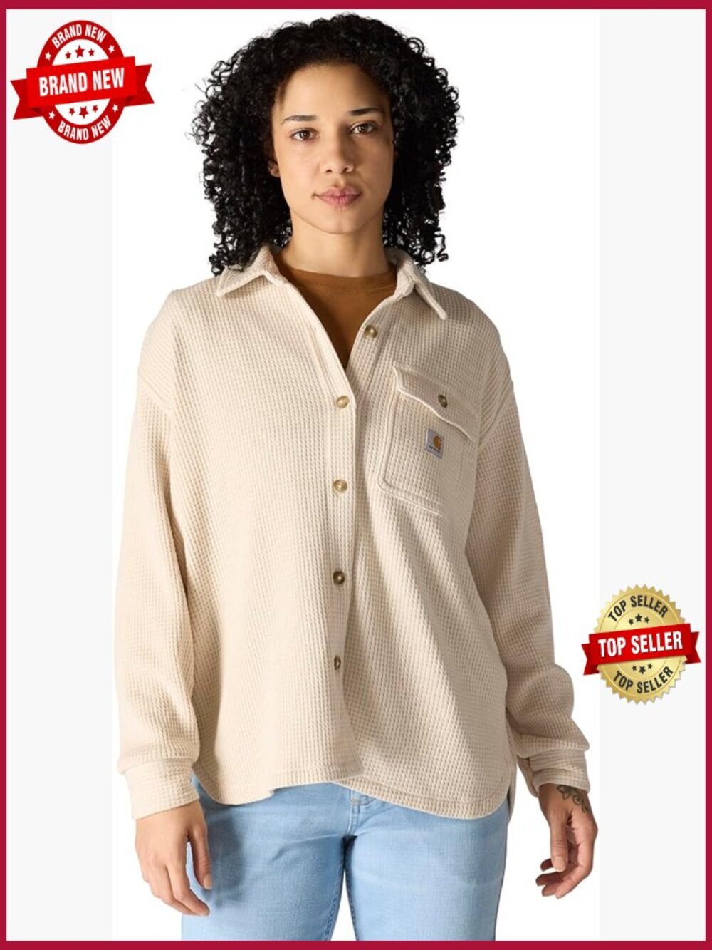 Oversized Heavyweight Waffle Knit Button-Front Shirt Long Sleeve Collar